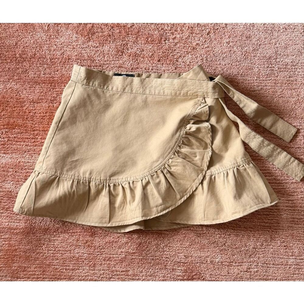 Luxe Mustard Wrap Mini Skirt Ruffle Hem Cotton Size S